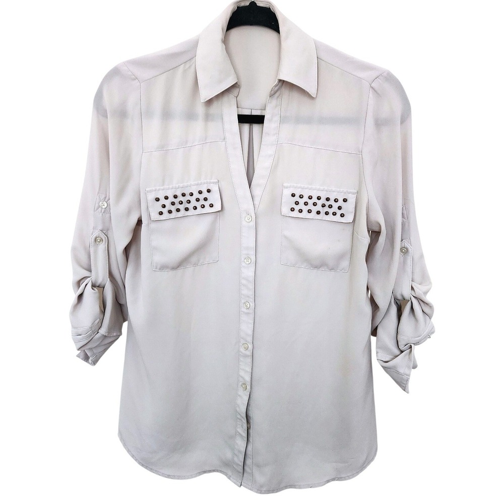 Express Women Beige Studded Pocket Roll Tab Sleeve Button Down Blouse Size S